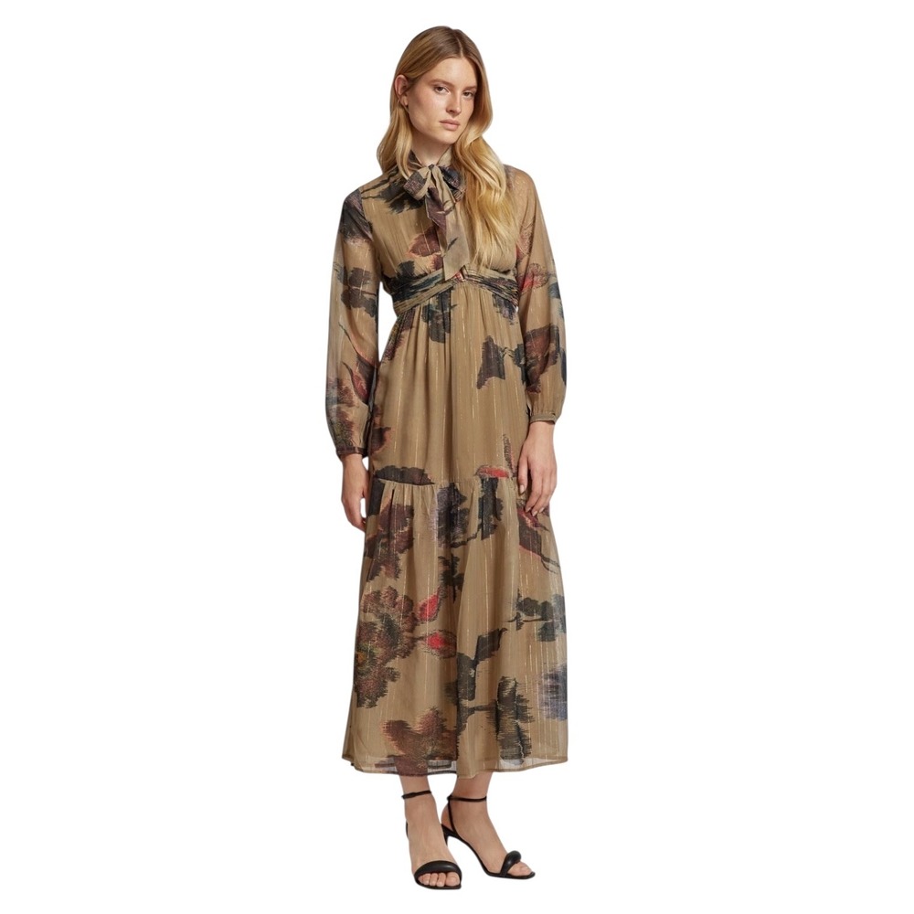 Scotch & Soda NWT Metallic Pinstripe Floral Tie Neck Maxi Dress Beige Size 36/6
